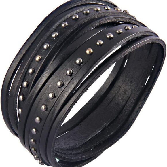Black Punk Leather Cuff Bracelet for Men Women, Adjustable, Gothic Style, Comfor - Picture 2 of 7